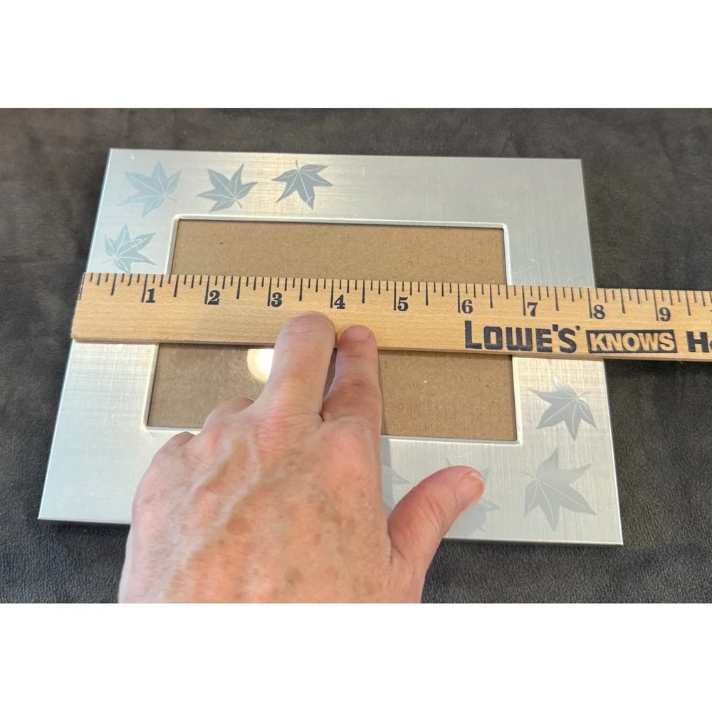 Picture Frame 4x6 Silver Etched Maple Leaf Brushed Metal Free Standing Boho